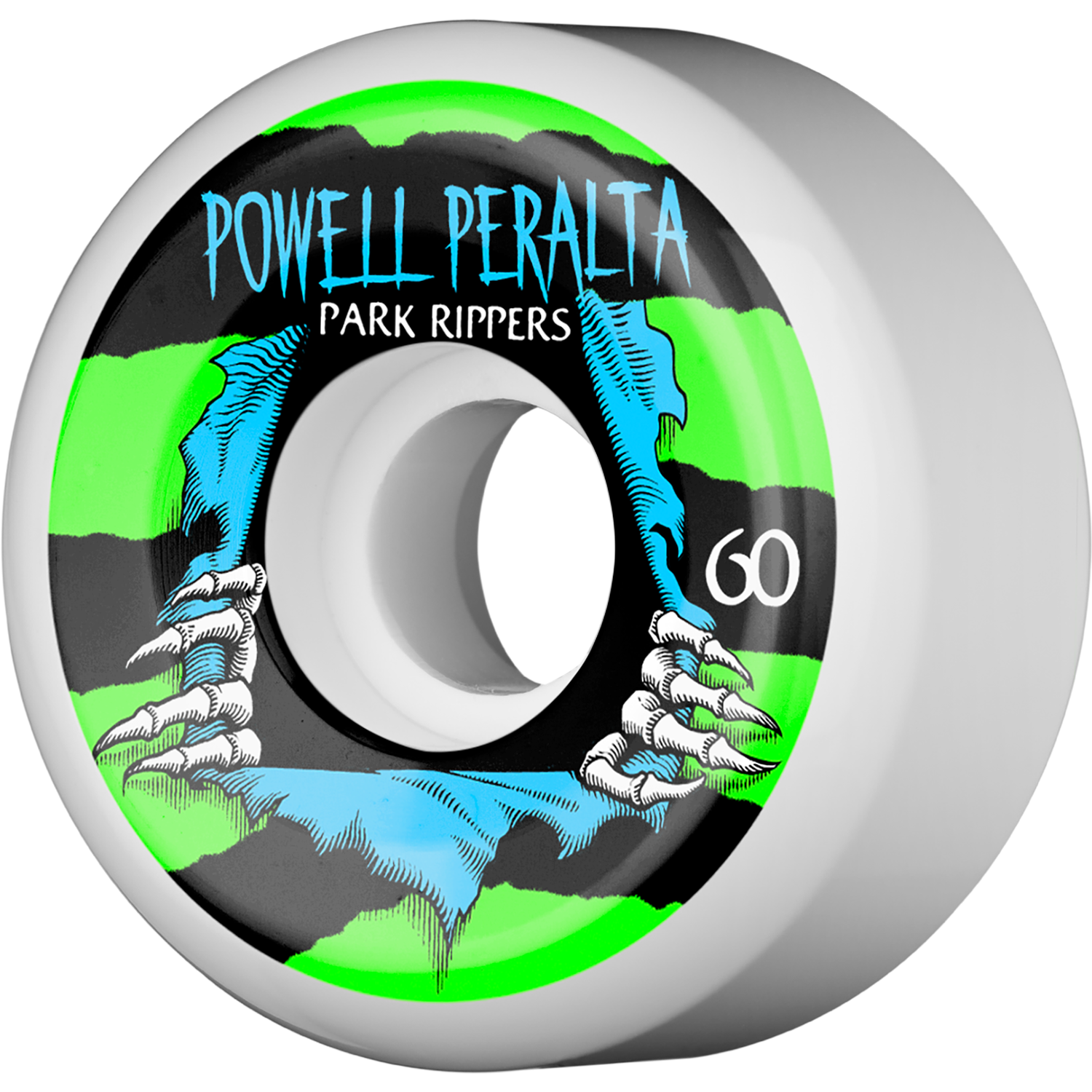 Powell Peralta Park Ripper II 60mm White W/Green/Blu Skateboard Wheels (Set of 4)