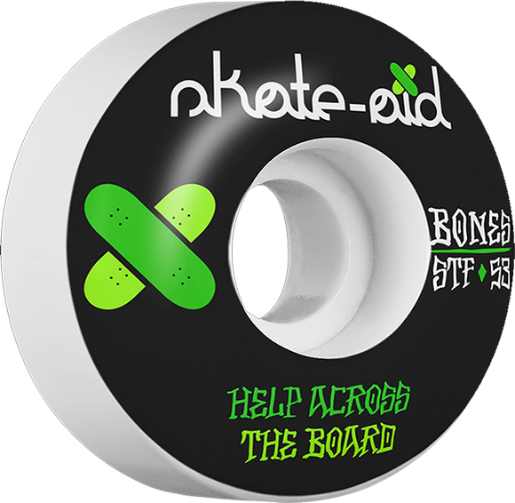 Bones Wheels STF Skate Aid II 53mm 83b White/Black W/Green Skateboard Wheels (Set of 4)
