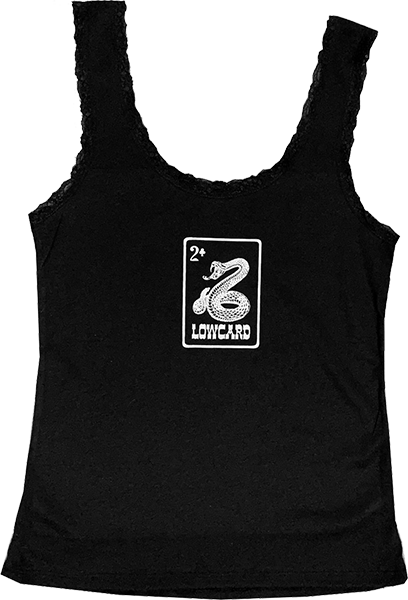 Lowcard Rattler Card Lace Trimmed Tank Top Size: LARGE Black