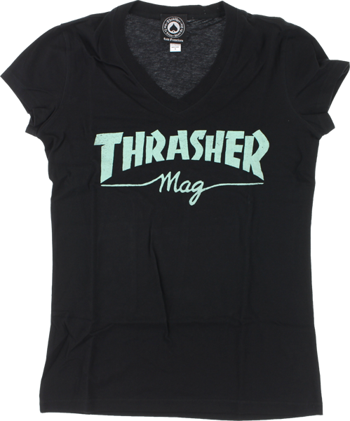 Thrasher Mag Logo Girls V-Neck T-Shirt - Size: SMALL Black/Mint