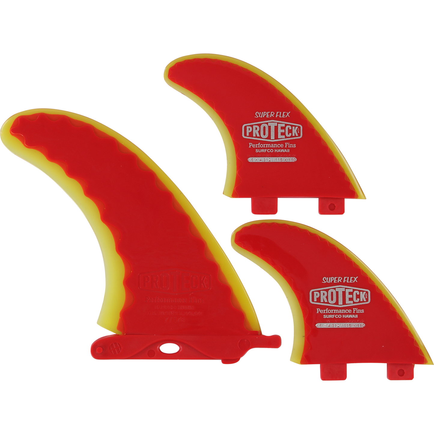 Proteck Super Flex FCS Surfboard Fins Combo 7.0+4.5 - Red / Yellow - SET OF 3pcs
