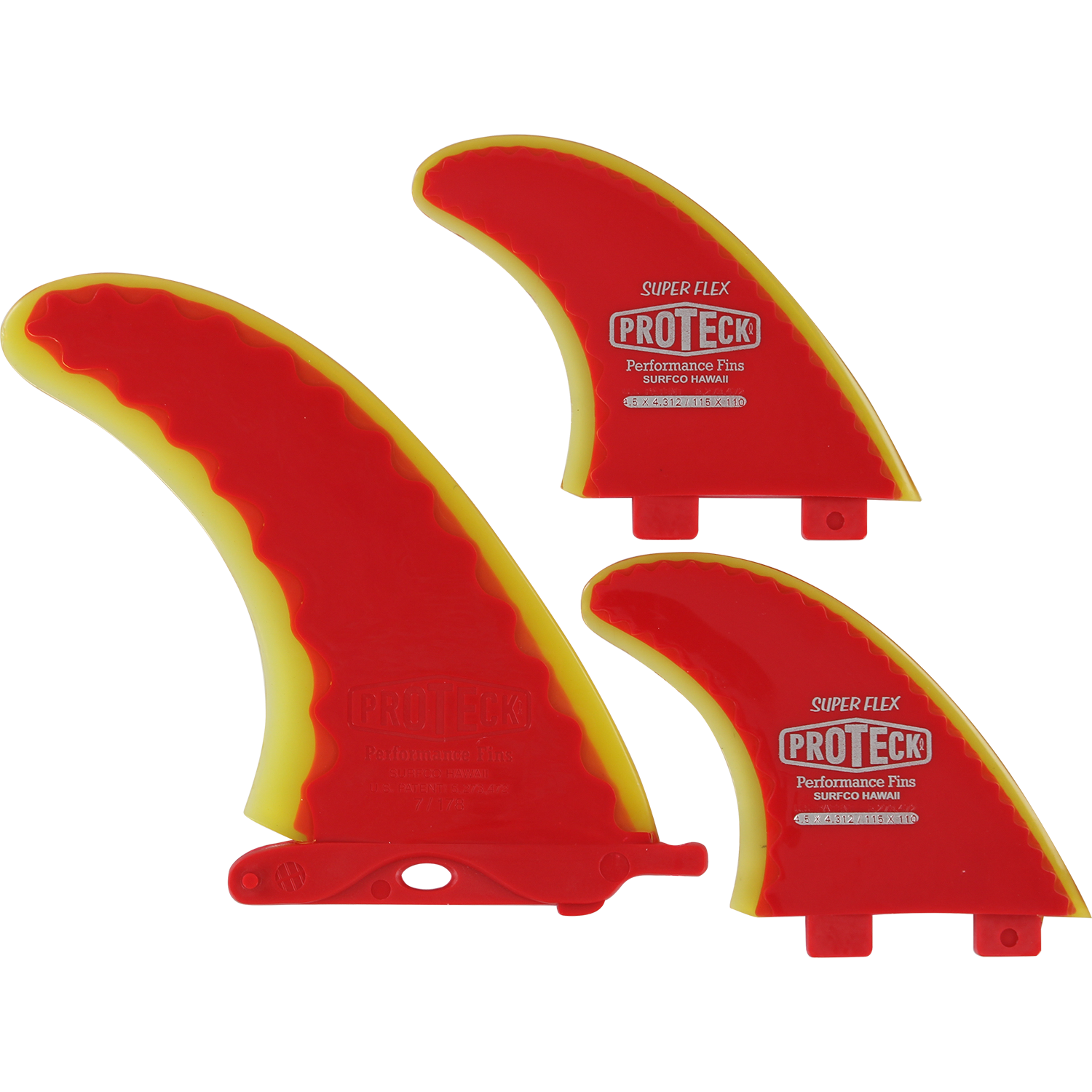 Proteck Super Flex FCS Surfboard Fins Combo 7.0+4.5 - Red / Yellow - SET OF 3pcs