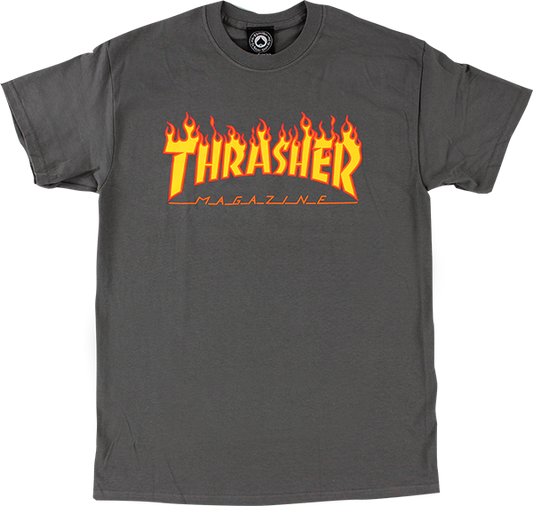 Thrasher Flame T-Shirt - Size: LARGE Charcoal/Yellow & Red