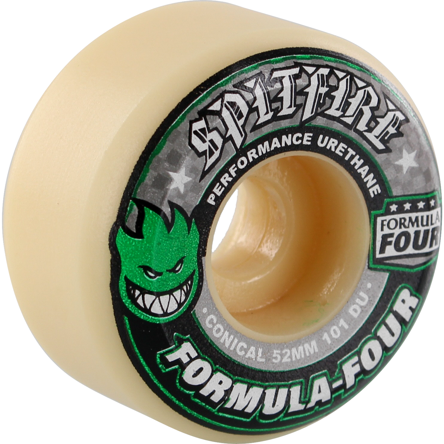 Spitfire Formula 4 101a Conical 52mm White W/Green & Black Skateboard Wheels (Set of 4) | Universo Extremo Boards Skate & Surf