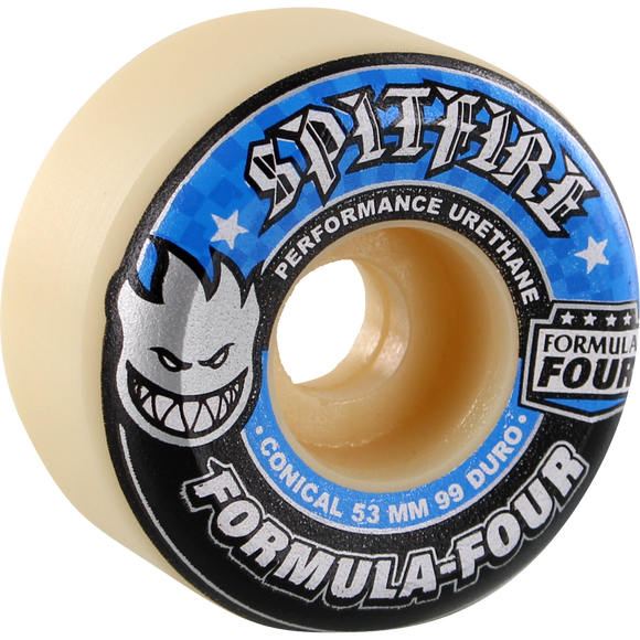 Spitfire Formula 4 99a Conical 53mm White W/Blue Skateboard Wheels (Set of 4) | Universo Extremo Boards Skate & Surf