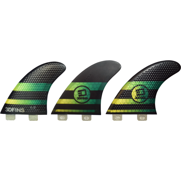 3D Fastlight Thruster 6.0 Med Twin-Tab Black/Green Surfboard FIN  -  SET OF 3PCS