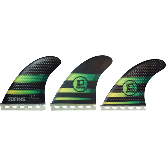 3D Fastlight Thruster 6.0 Med Full-Base Black/Green Surfboard FIN  -  SET OF 3PCS