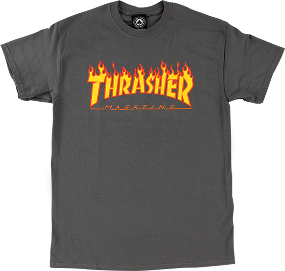 Thrasher Flame T-Shirt - Size: SMALL Charcoal/Yellow & Red