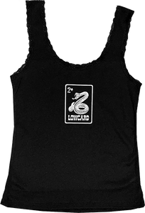 Lowcard Rattler Card Lace Trimmed Tank Top Size: X-SMALL Black