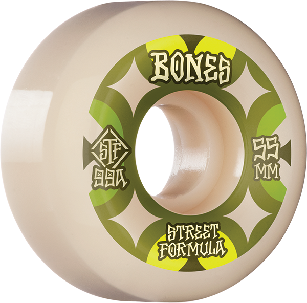 Bones Wheels STF V5 Retros 55mm 99a White/Green Skateboard Wheels (Set of 4)