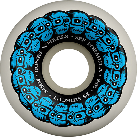 Bones Wheels SPF P5 Circle Skulls 54mm 84b White/Blue Skateboard Wheels (Set of 4)