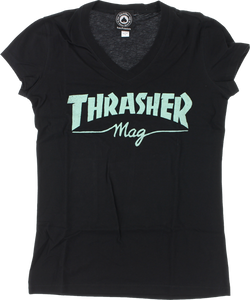 Thrasher Mag Logo Girls V-Neck T-Shirt - Size: MEDIUM Black/Mint