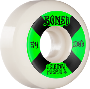 Bones Wheels 100'S Og V5 #4 54mm White W/Green Skateboard Wheels (Set of 4)