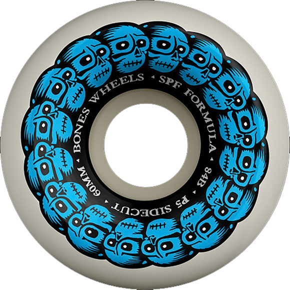 Bones Wheels SPF P5 Circle Skulls 60mm 84b White/Blue Skateboard Wheels (Set of 4)