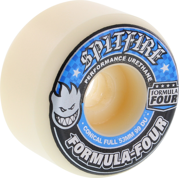 Spitfire F4 99a Conical Full 53mm White W/Blue Skateboard Wheels (Set of 4)