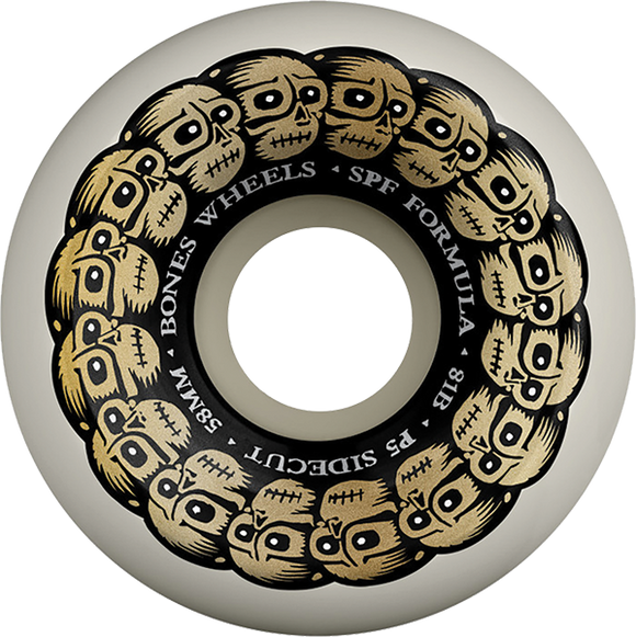 Bones Wheels SPF P5 Circle Skulls 58mm 81b White/Gold Skateboard Wheels (Set of 4)