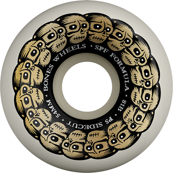 Bones Wheels SPF P5 Circle Skulls 54mm 81b White/Gold Skateboard Wheels (Set of 4)