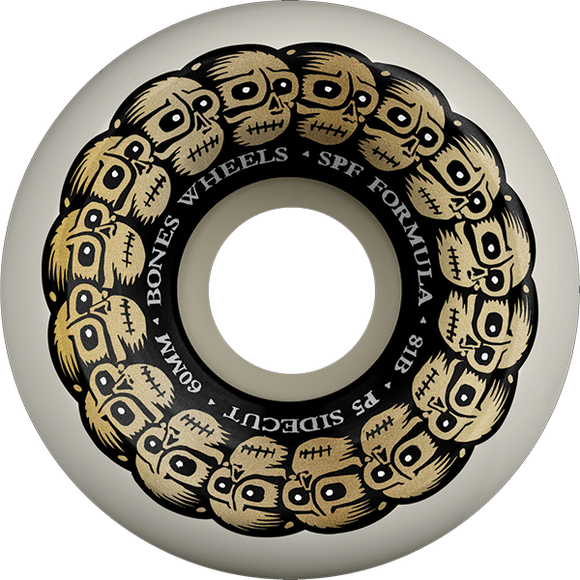 Bones Wheels SPF P5 Circle Skulls 60mm 81b White/Gold Skateboard Wheels (Set of 4)