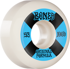 Bones Wheels 100'S Og V5 #4 53mm White W/Blu Skateboard Wheels (Set of 4)
